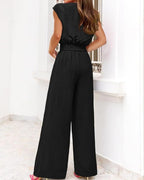 Vyla™ Casual 2 Piece Outfits Cap Sleeve V Neck Belted Crop Tops Wide Leg Pant Sets