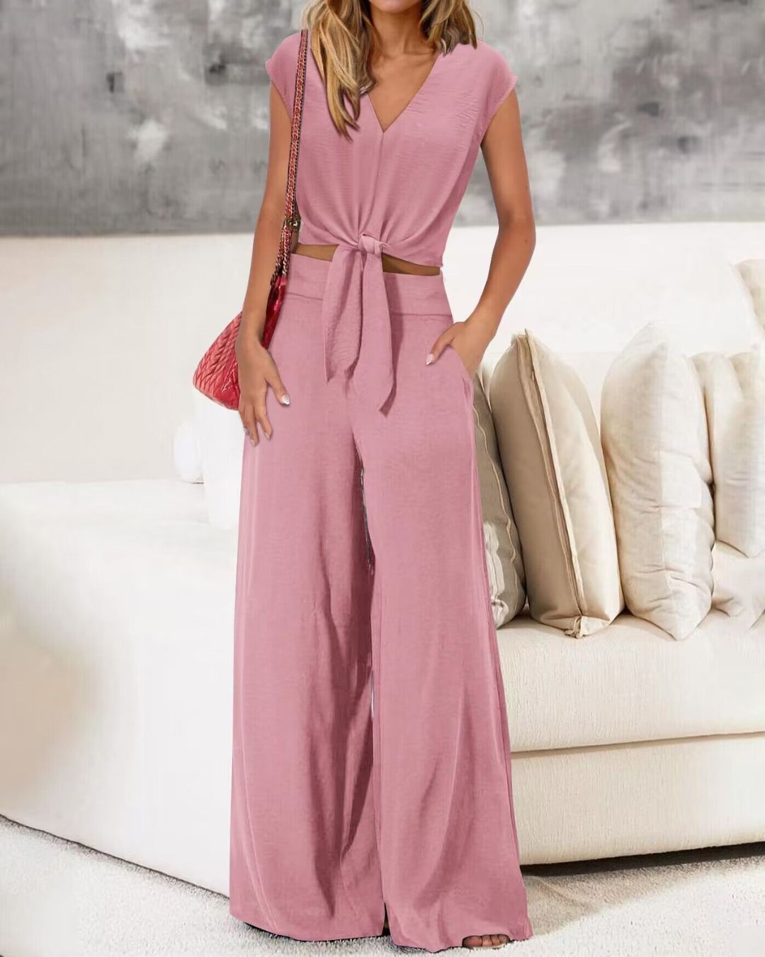 Vyla™ Casual 2 Piece Outfits Cap Sleeve V Neck Belted Crop Tops Wide Leg Pant Sets