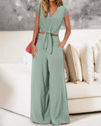 Vyla™ Casual 2 Piece Outfits Cap Sleeve V Neck Belted Crop Tops Wide Leg Pant Sets