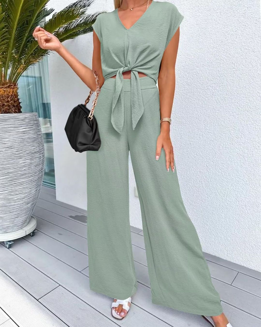 Vyla™ Casual 2 Piece Outfits Cap Sleeve V Neck Belted Crop Tops Wide Leg Pant Sets