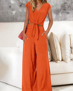 Vyla™ Casual 2 Piece Outfits Cap Sleeve V Neck Belted Crop Tops Wide Leg Pant Sets