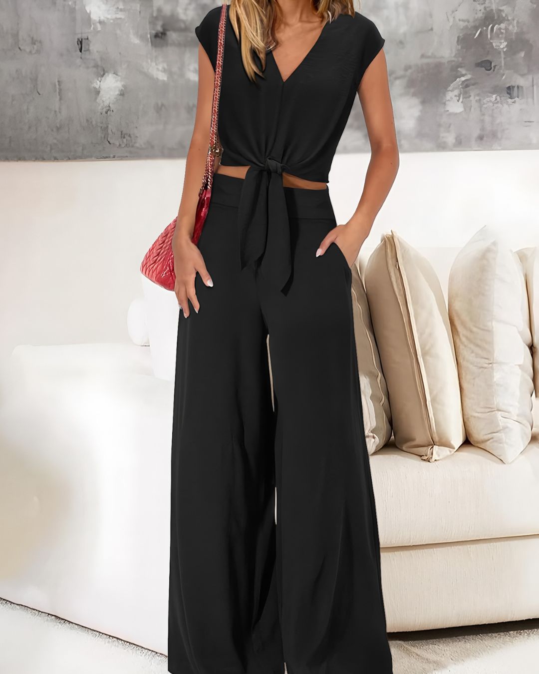 Vyla™ Casual 2 Piece Outfits Cap Sleeve V Neck Belted Crop Tops Wide Leg Pant Sets