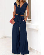 Vyla™ Casual 2 Piece Outfits Cap Sleeve V Neck Belted Crop Tops Wide Leg Pant Sets
