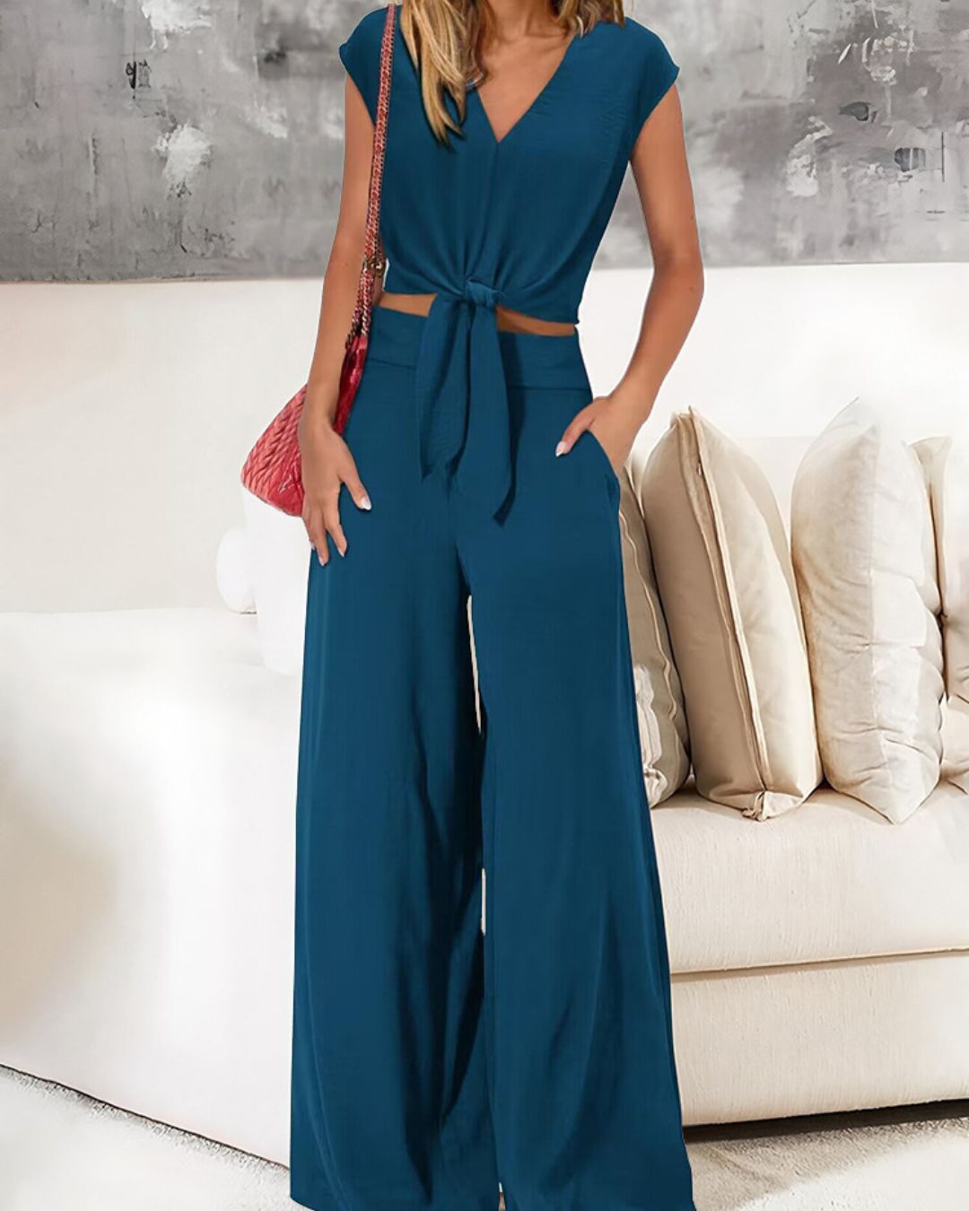 Vyla™ Casual 2 Piece Outfits Cap Sleeve V Neck Belted Crop Tops Wide Leg Pant Sets