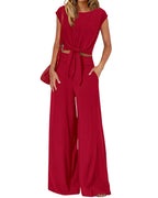 Vyla™ Casual 2 Piece Outfits Cap Sleeve V Neck Belted Crop Tops Wide Leg Pant Sets