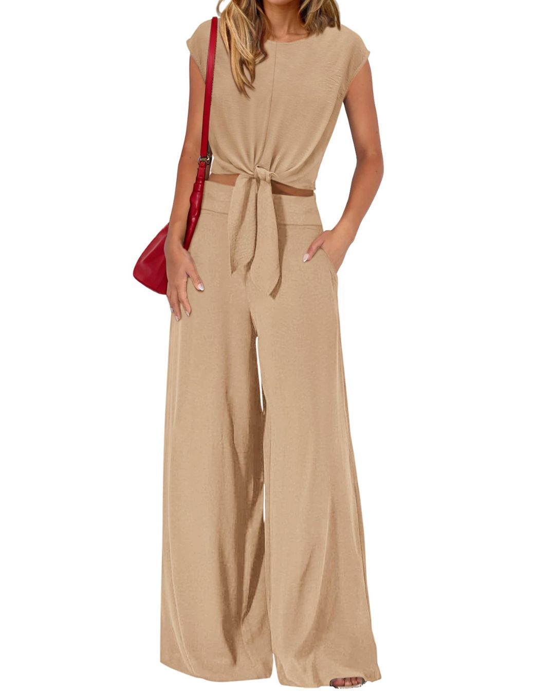 Vyla™ Casual 2 Piece Outfits Cap Sleeve V Neck Belted Crop Tops Wide Leg Pant Sets