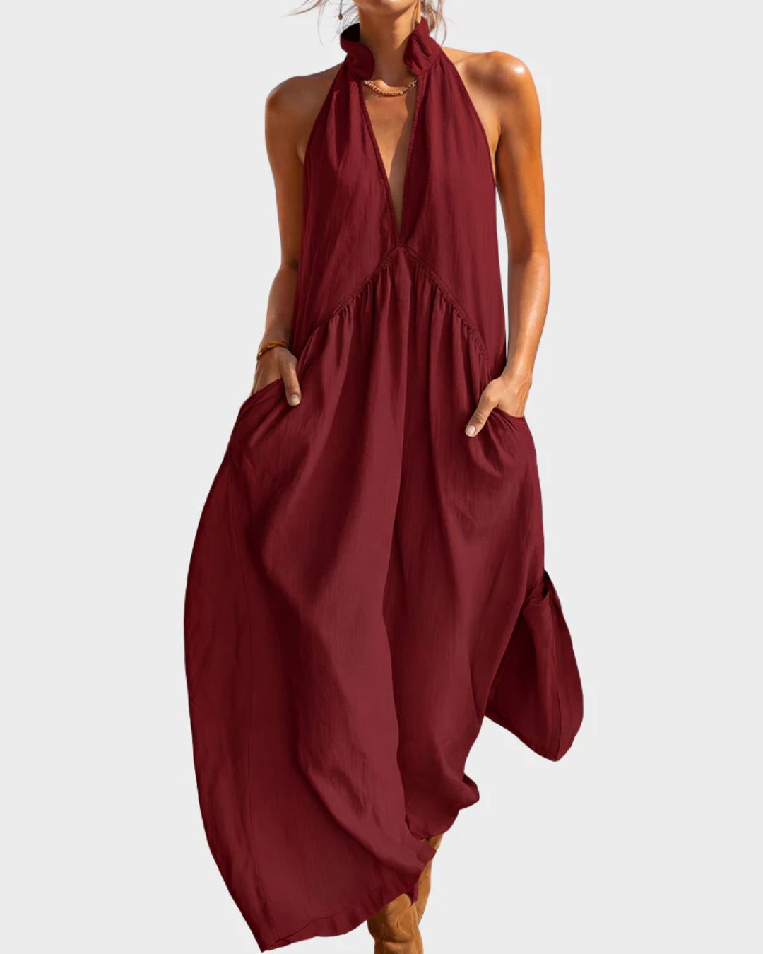Vyla™ Sculpting Flowy Halter Maxi Dress with Pockets