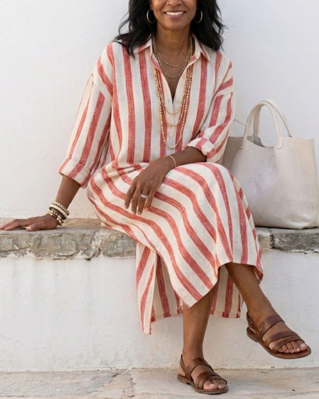 Vyla™ Casual Striped Shirt Boho Maxi Dress