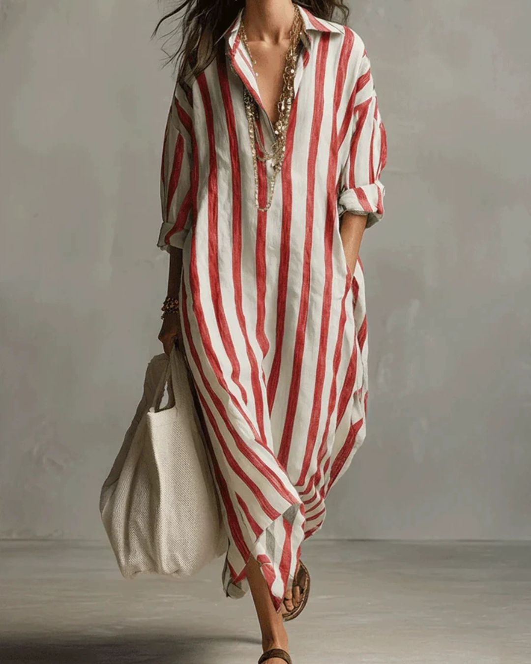 Vyla™ Casual Striped Shirt Boho Maxi Dress