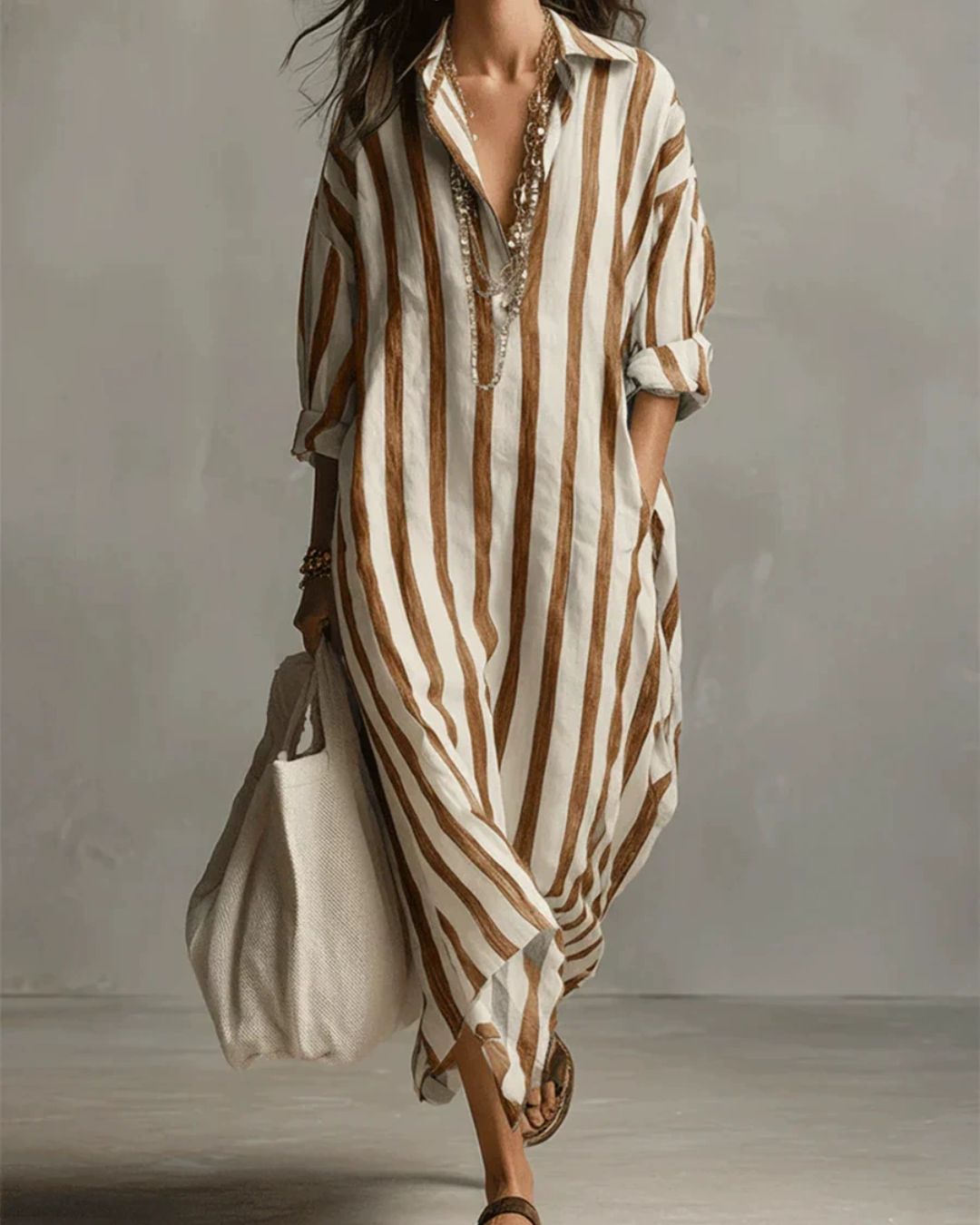 Vyla™ Casual Striped Shirt Boho Maxi Dress