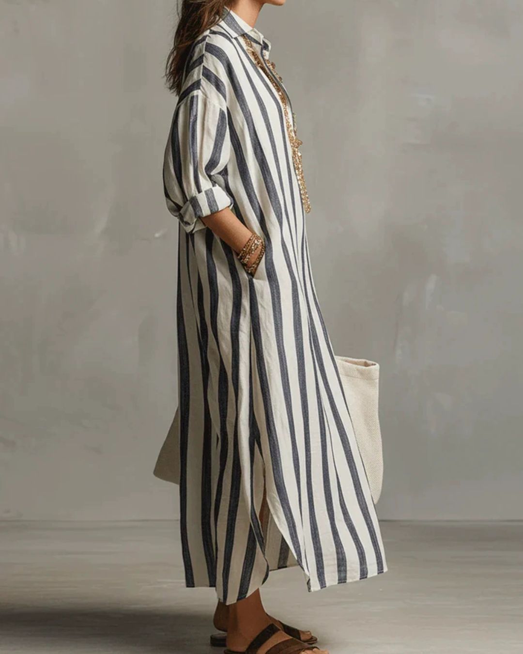 Vyla™ Casual Striped Shirt Boho Maxi Dress