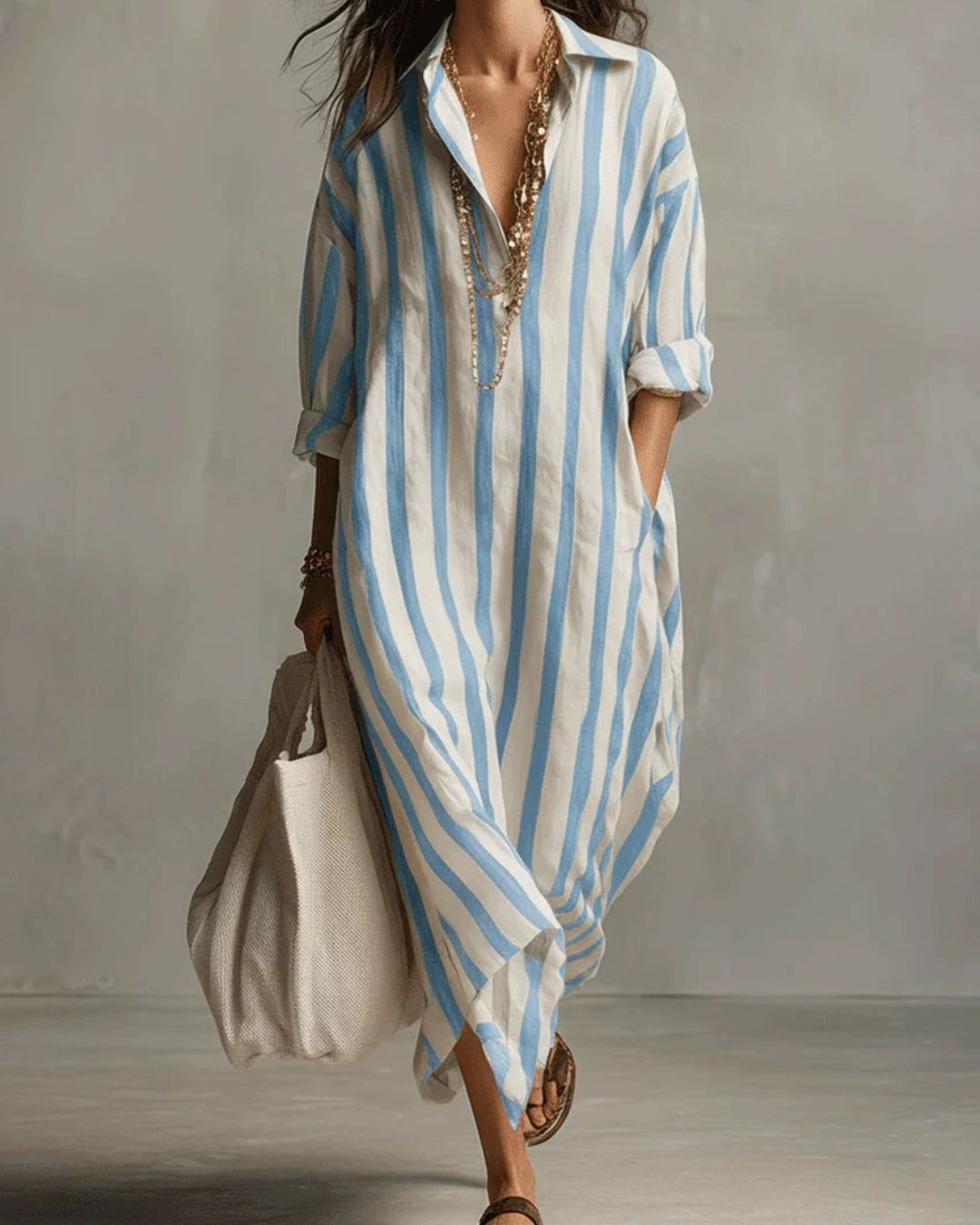 Vyla™ Casual Striped Shirt Boho Maxi Dress