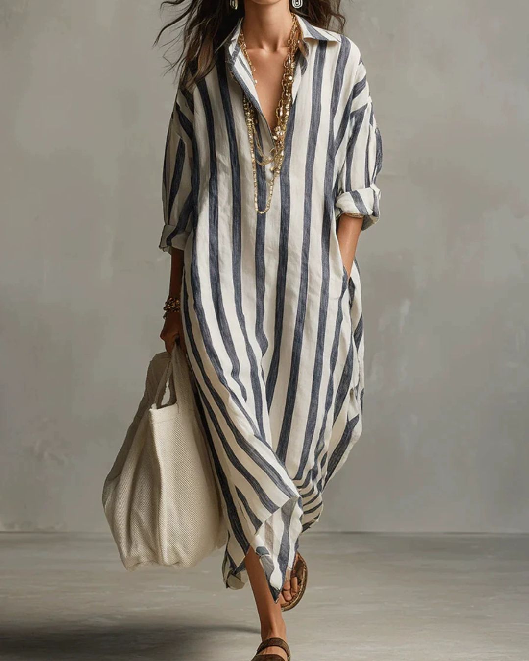 Vyla™ Casual Striped Shirt Boho Maxi Dress
