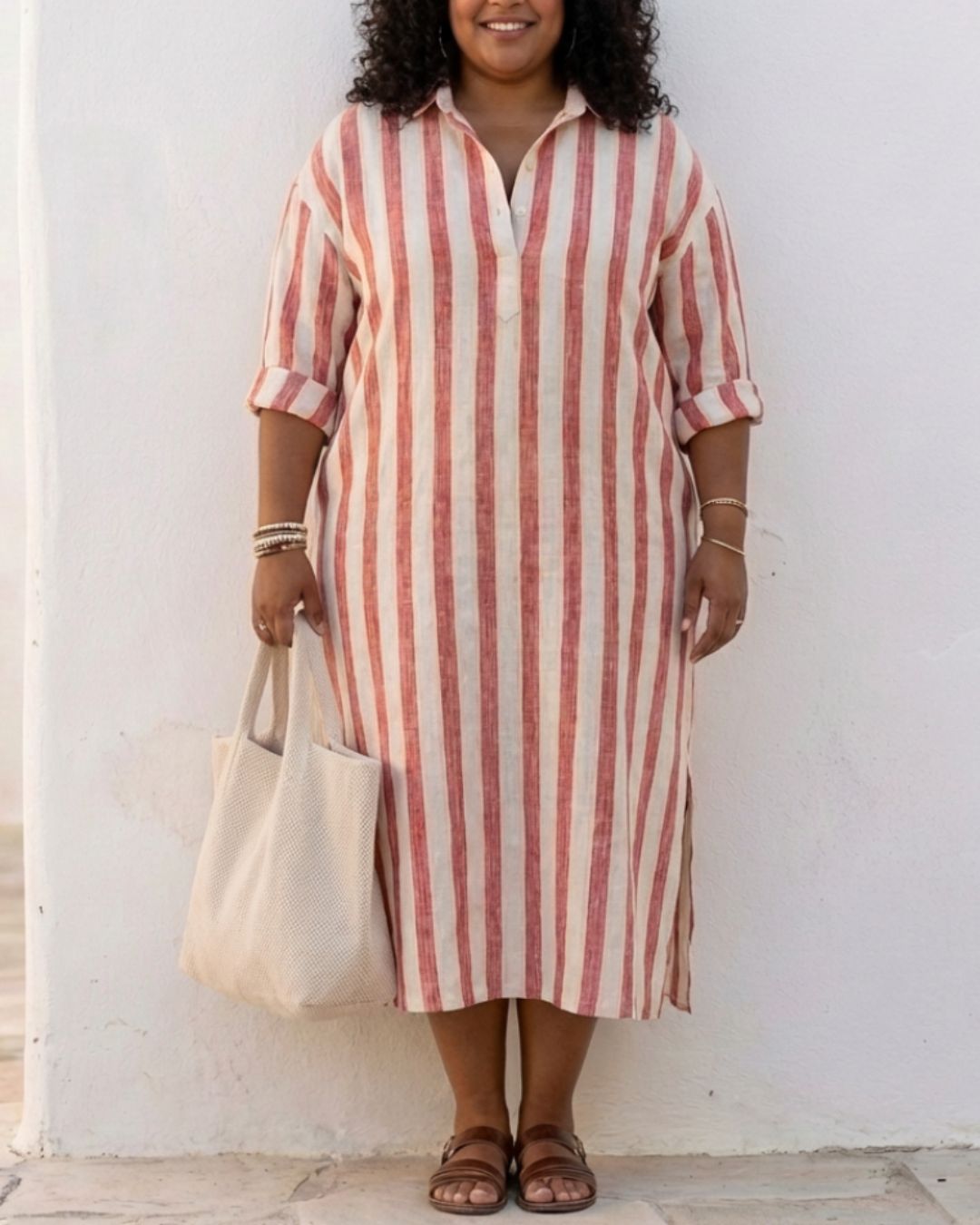 Vyla™ Casual Striped Shirt Boho Maxi Dress