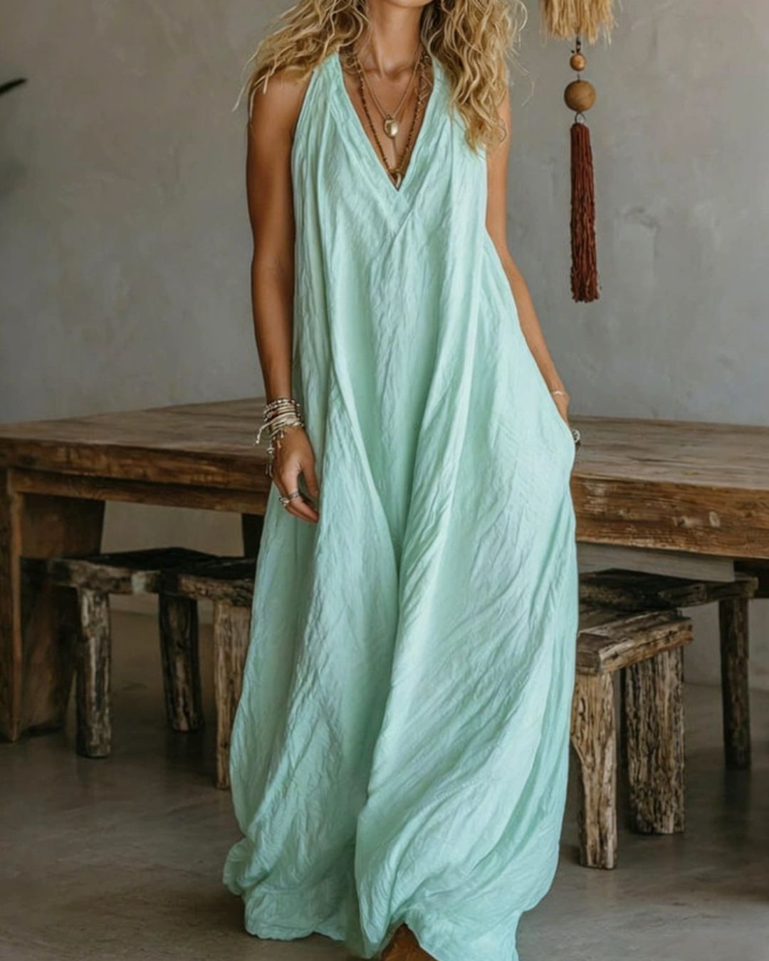 Vyla™ Flowy Boho V-Neck Halter Maxi Dress