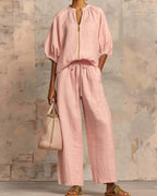 Vyla™ Knitted Fabric Blouse And Long Pants Two-Piece Outfit With Flounce Sleeves