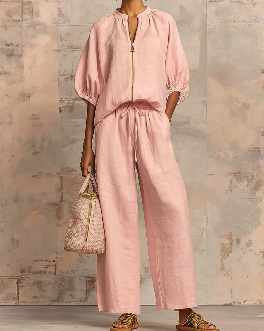 Vyla™ Knitted Fabric Blouse And Long Pants Two-Piece Outfit With Flounce Sleeves