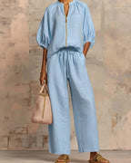 Vyla™ Knitted Fabric Blouse And Long Pants Two-Piece Outfit With Flounce Sleeves