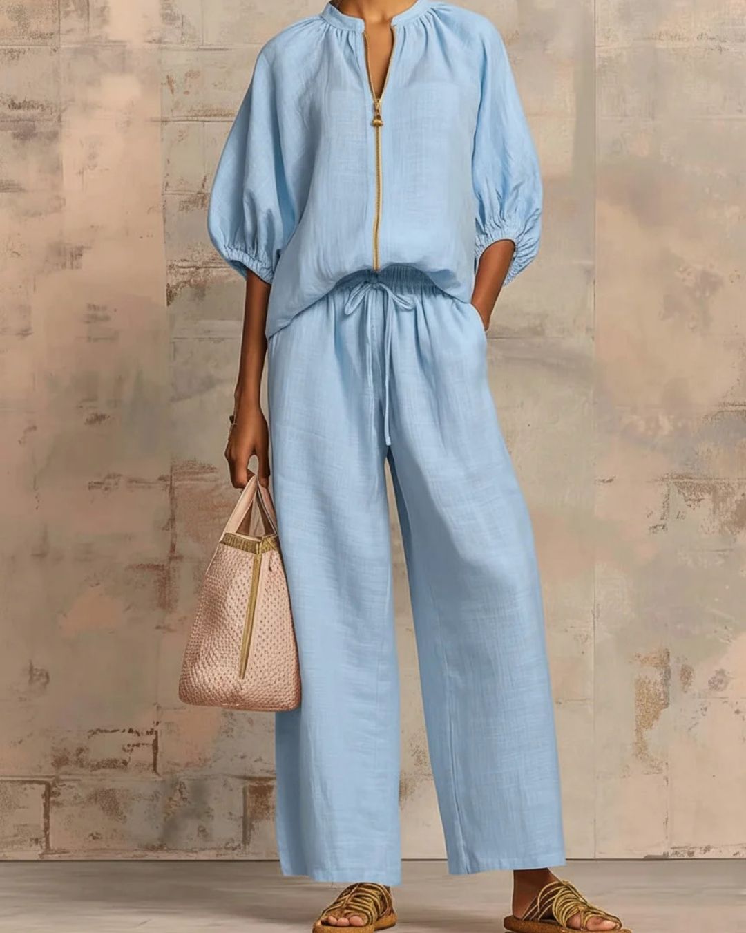 Vyla™ Knitted Fabric Blouse And Long Pants Two-Piece Outfit With Flounce Sleeves