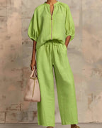 Vyla™ Knitted Fabric Blouse And Long Pants Two-Piece Outfit With Flounce Sleeves