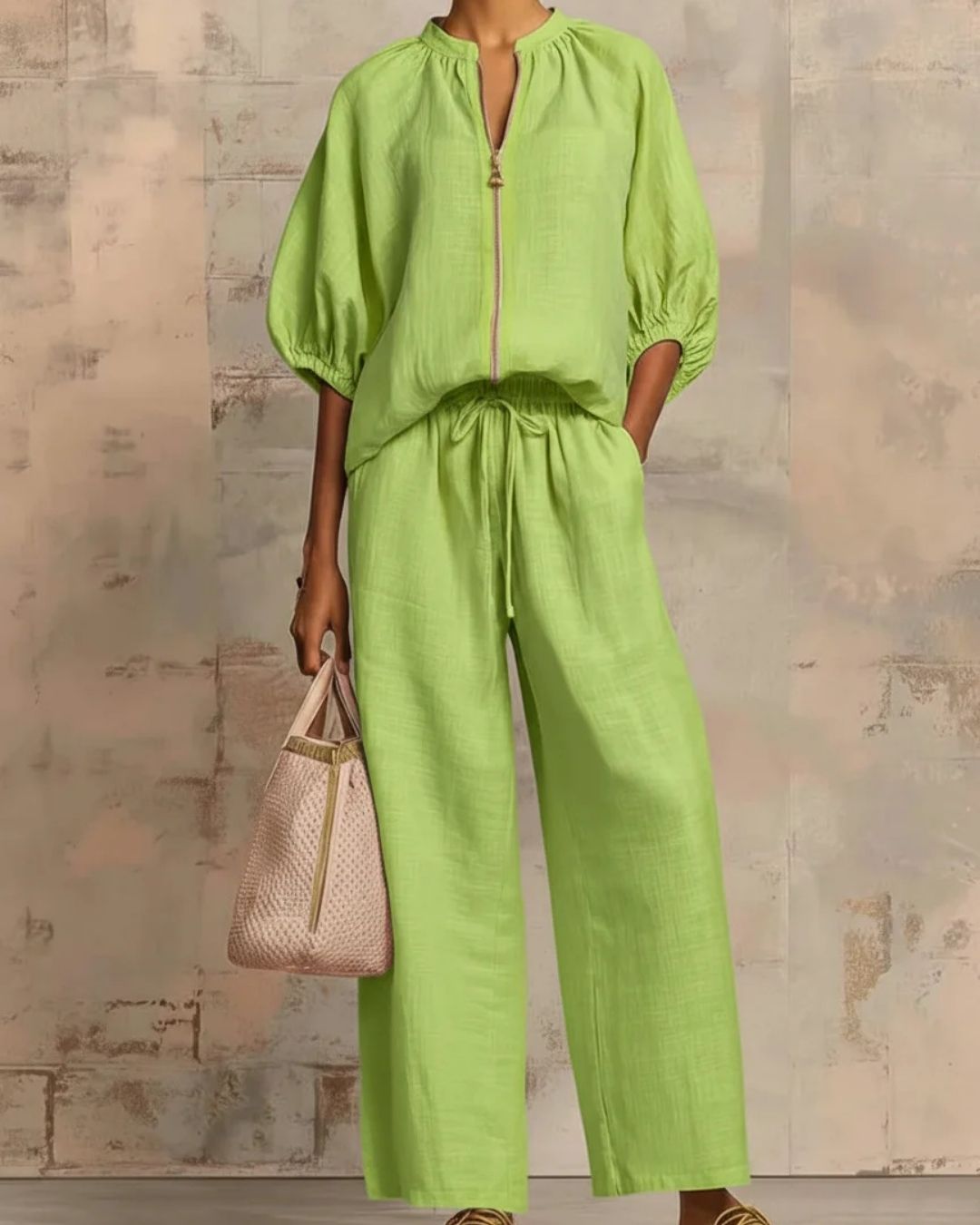 Vyla™ Knitted Fabric Blouse And Long Pants Two-Piece Outfit With Flounce Sleeves
