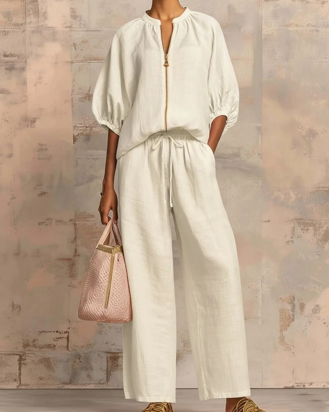 Vyla™ Knitted Fabric Blouse And Long Pants Two-Piece Outfit With Flounce Sleeves