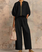 Vyla™ Knitted Fabric Blouse And Long Pants Two-Piece Outfit With Flounce Sleeves