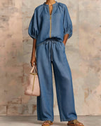 Vyla™ Knitted Fabric Blouse And Long Pants Two-Piece Outfit With Flounce Sleeves