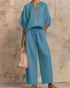 Vyla™ Knitted Fabric Blouse And Long Pants Two-Piece Outfit With Flounce Sleeves