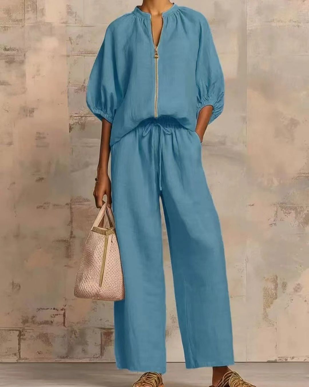Vyla™ Knitted Fabric Blouse And Long Pants Two-Piece Outfit With Flounce Sleeves