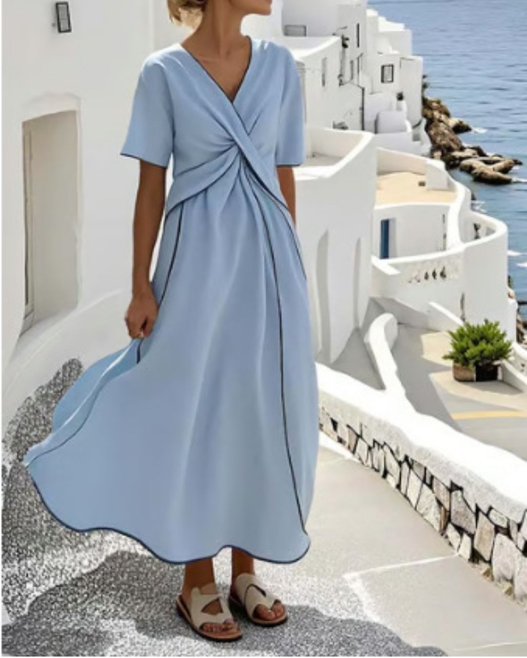 Vyla™ V Neck Short Sleeve Wrap Waist Midi Dress