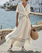 Vyla™ V Neck Short Sleeve Wrap Waist Midi Dress
