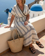Vyla™ V Neck Short Sleeve Wrap Waist Midi Dress