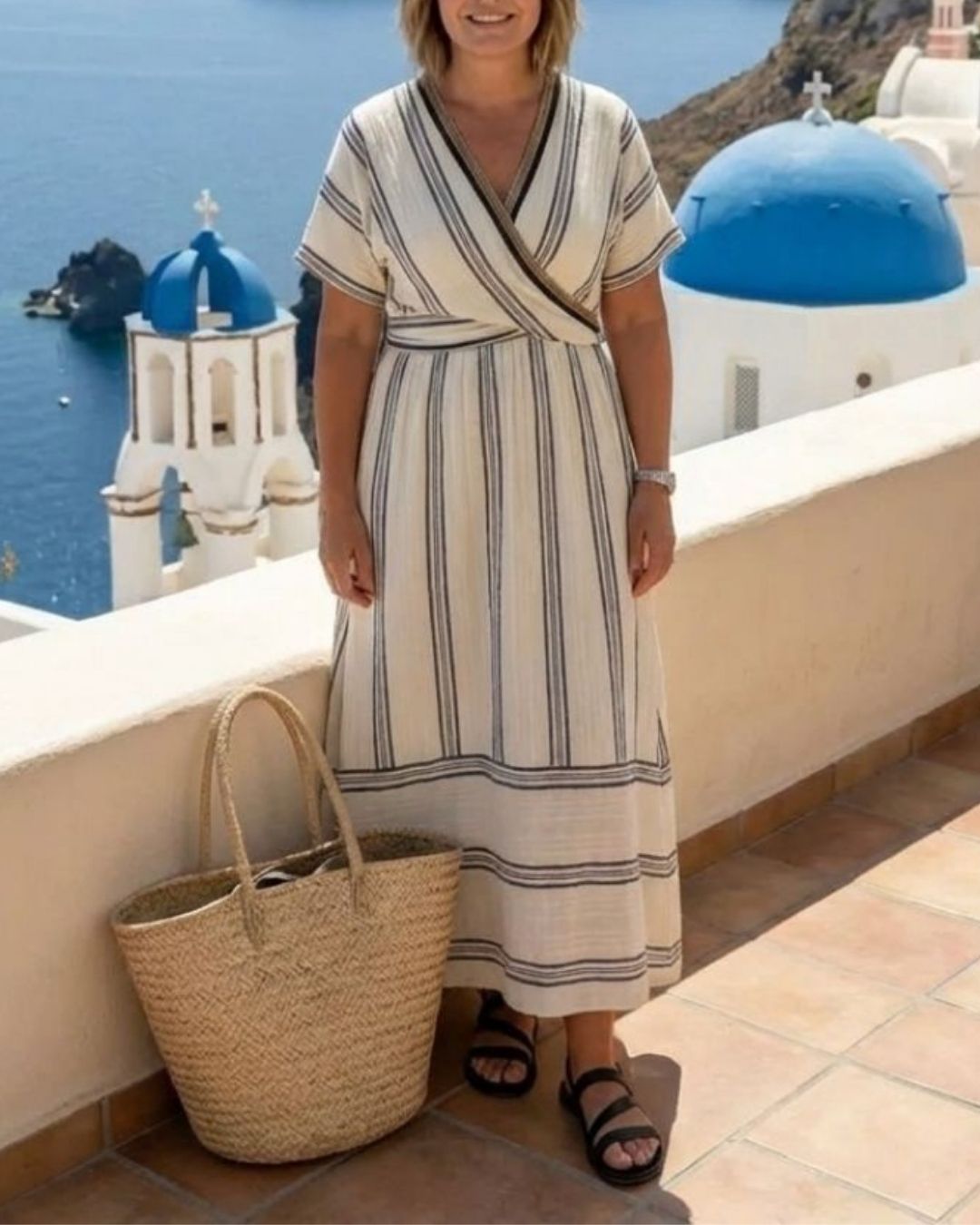 Vyla™ V Neck Short Sleeve Wrap Waist Midi Dress