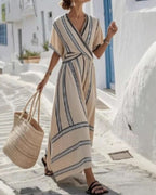 Vyla™ V Neck Short Sleeve Wrap Waist Midi Dress