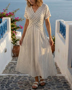 Vyla™ V Neck Short Sleeve Cross Waist Midi Dress