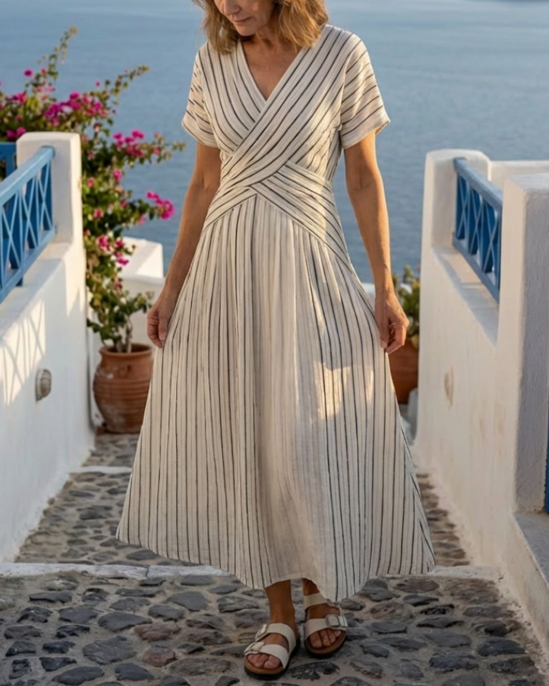 Vyla™ V Neck Short Sleeve Cross Waist Midi Dress