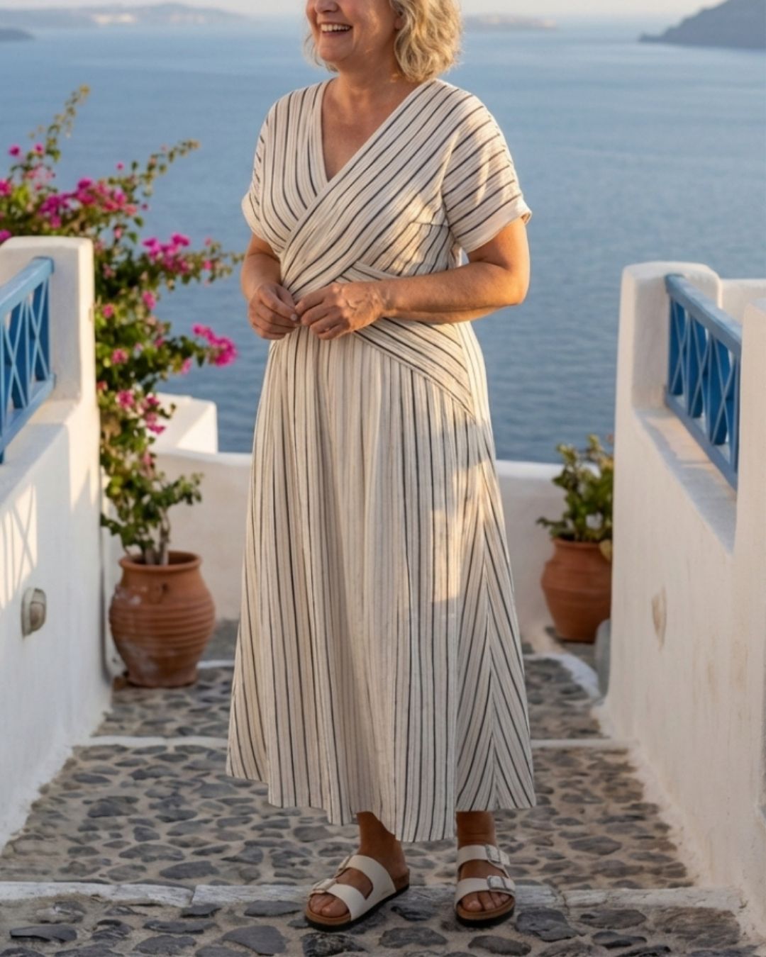 Vyla™ V Neck Short Sleeve Cross Waist Midi Dress