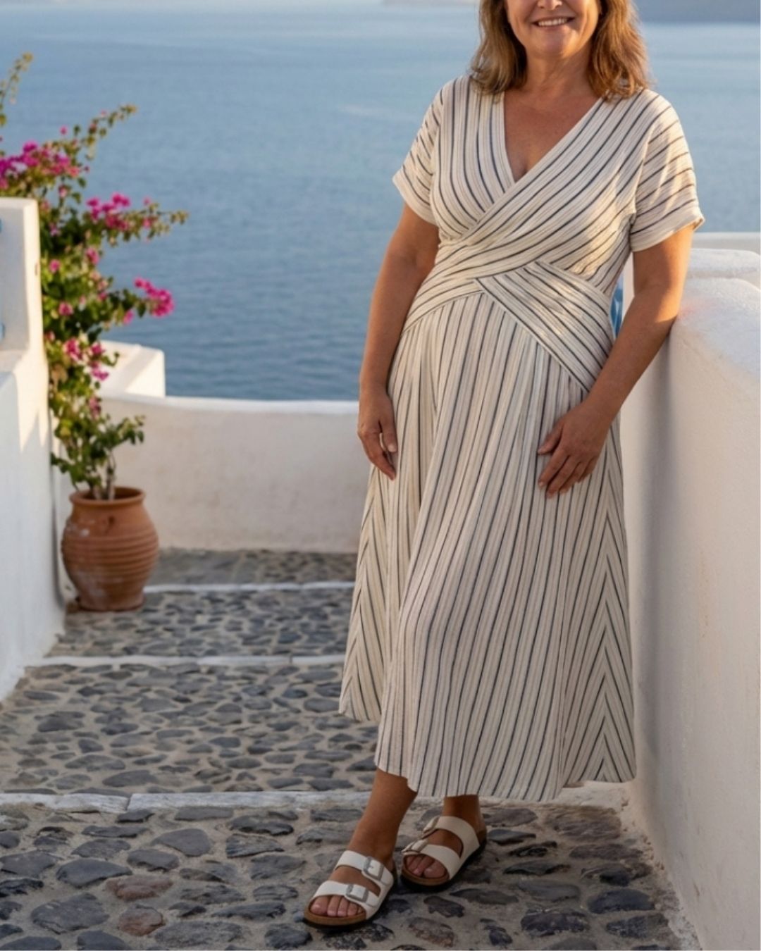 Vyla™ V Neck Short Sleeve Cross Waist Midi Dress