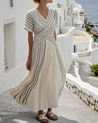 Vyla™ V Neck Short Sleeve Cross Waist Midi Dress