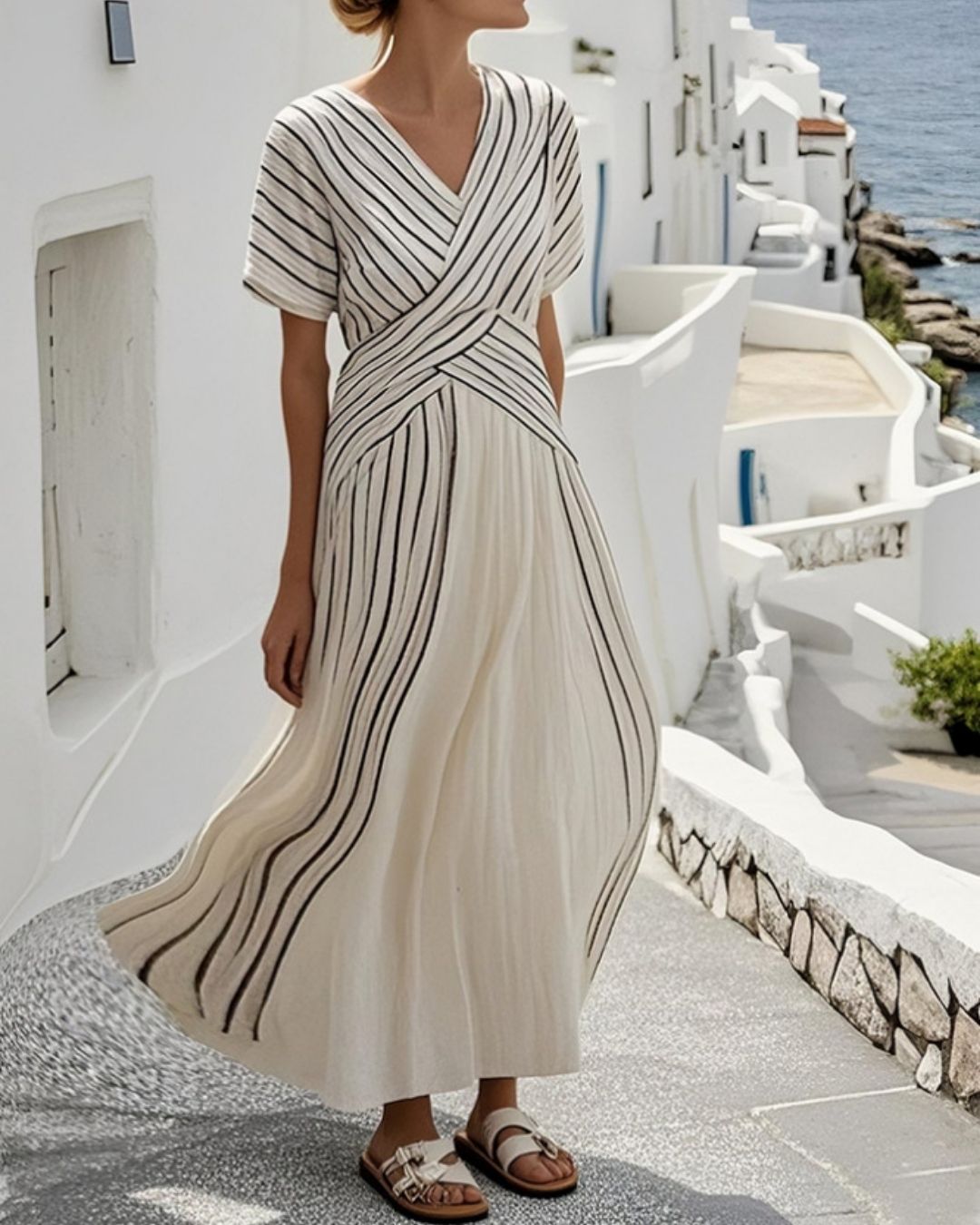Vyla™ V Neck Short Sleeve Cross Waist Midi Dress