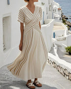 Vyla™ V Neck Short Sleeve Cross Waist Midi Dress