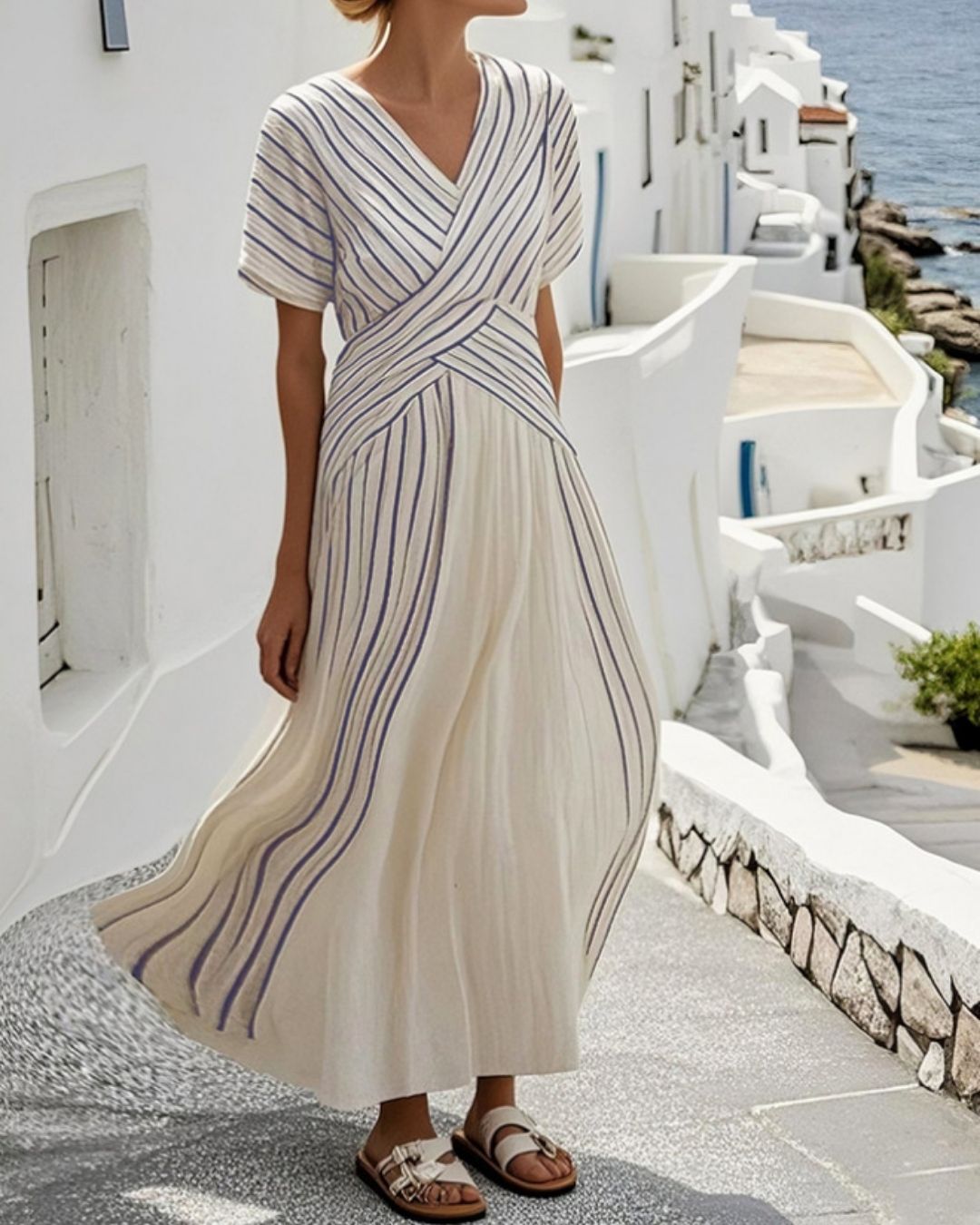 Vyla™ V Neck Short Sleeve Cross Waist Midi Dress