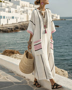 Vyla™ V-Neck Kaftan Maxi Dress with Black Stripe Detail
