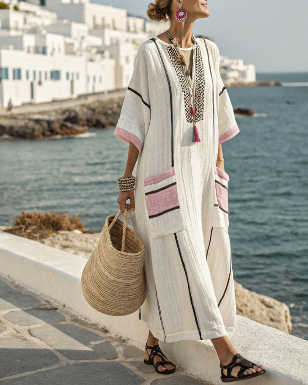 Vyla™ V-Neck Kaftan Maxi Dress with Black Stripe Detail