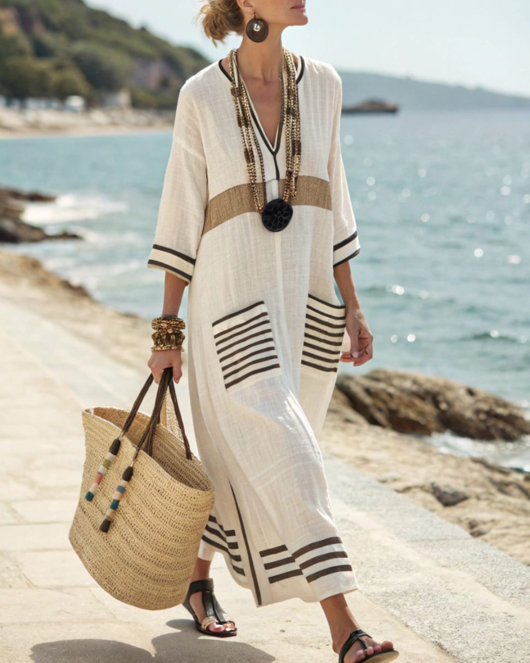 Vyla™ V-Neck Kaftan Maxi Dress with Black Stripe Detail