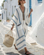 Vyla™ V-Neck Kaftan Maxi Dress with Black Stripe Detail