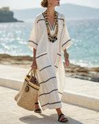 Vyla™ V-Neck Kaftan Maxi Dress with Black Stripe Detail