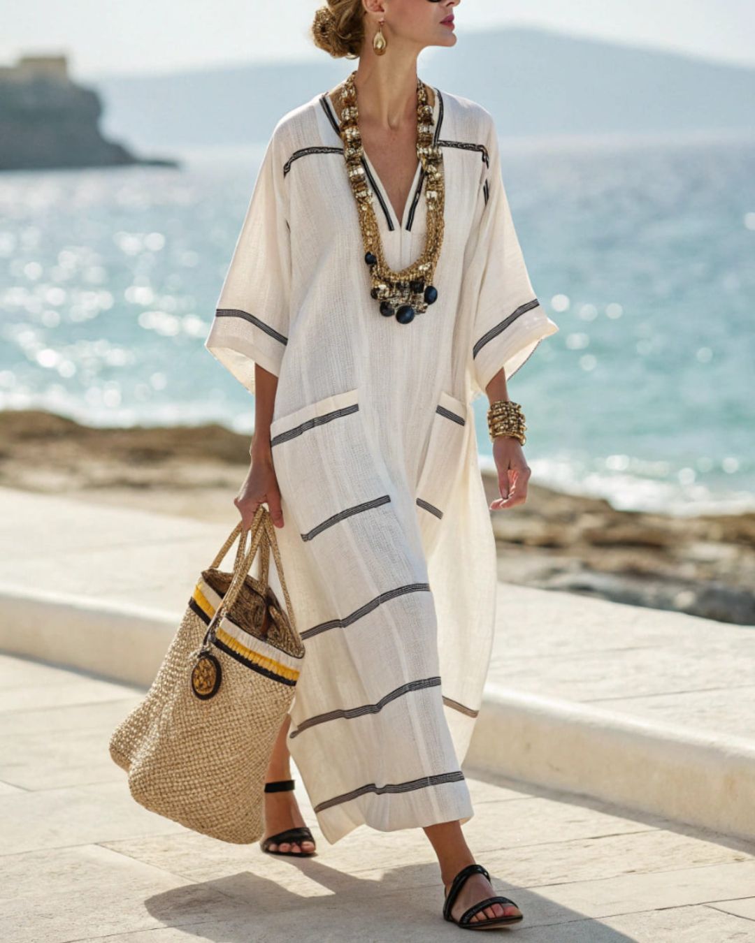 Vyla™ V-Neck Kaftan Maxi Dress with Black Stripe Detail