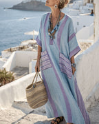 Vyla™ V-Neck Kaftan Maxi Solid Dress with Stripe Detail